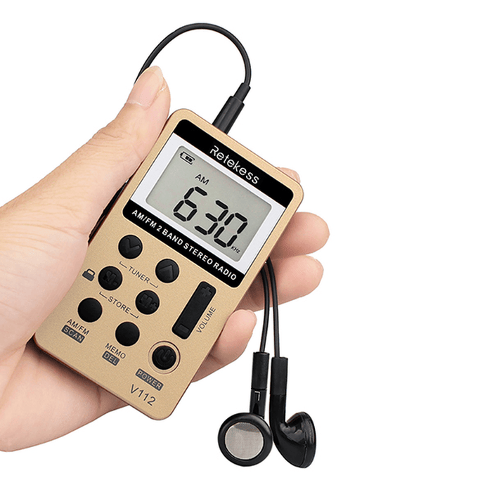 Retekess V-112 Gold Portable AM FM Stereo Radio with Earphones Pocket Mini Digital Tuning Rechargeable Battery Operated Radio LCD Display Radio for Walk