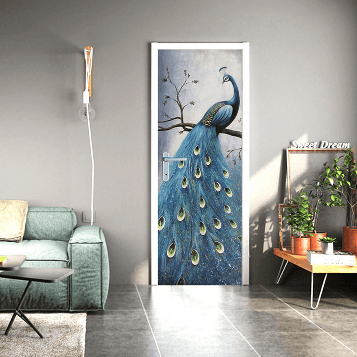 PVC Living Room Door Stickers Wallpaper Poster Peacock Waterproof Home Decoration