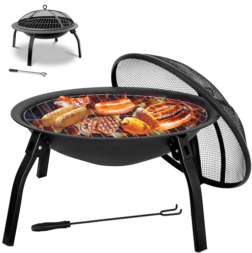 22Inch Folding Steel Fire Pit BBQ Grill round Fire Bowl Lightweight with Log Grate Mesh Cover BBQ Stove for Camping Picnic Bonfire Patio Garden