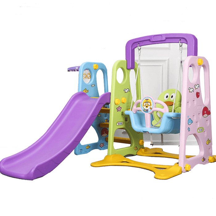 3 in 1 Kids Indoor Outdoor Play Slide Swing with Safety Backrest Basketball Hoop Ladder Climber Set Toys for Children Kids