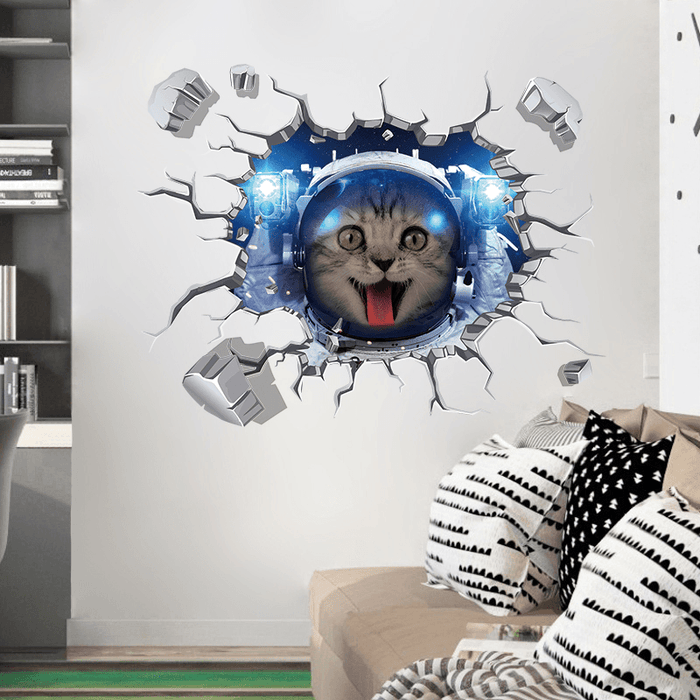 Miico Creative 3D Space Astronaut Cat Broken Wall PVC Removable Home Room Decorative Wall Floor Decor Sticker