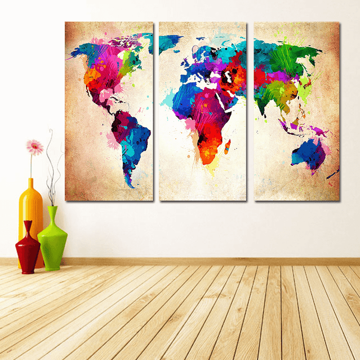 Miico Hand Painted Three Combination Decorative Paintings Colorful World Map Wall Art for Home Decoration