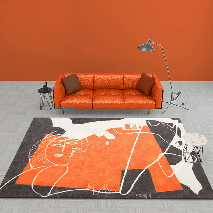 Orange and Black Abstract Rug Polyester Modern Rug Washable Anti-Slip Pet Friendly Area Rug for Living Room