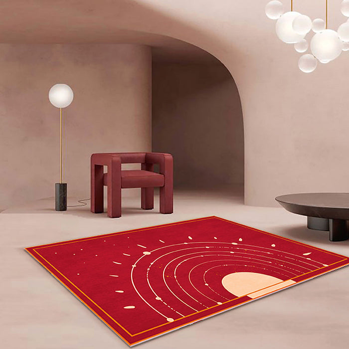 Red Sun Pattern Rug Polyester Simple Rug Washable Anti-Slip Pet Friendly Area Rug for Living Room