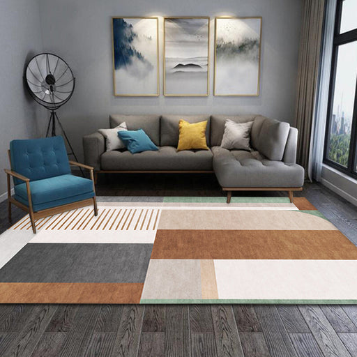 Brown Geometric Pattern Rug with Stripe Polyester Modern Rug Washable Anti-Slip Pet Friendly Area Rug for Living Room