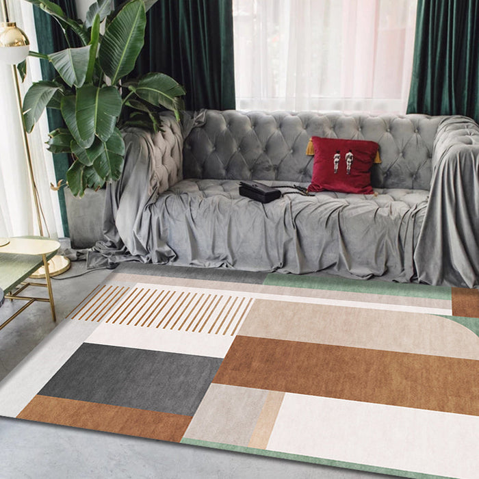 Brown Geometric Pattern Rug with Stripe Polyester Modern Rug Washable Anti-Slip Pet Friendly Area Rug for Living Room