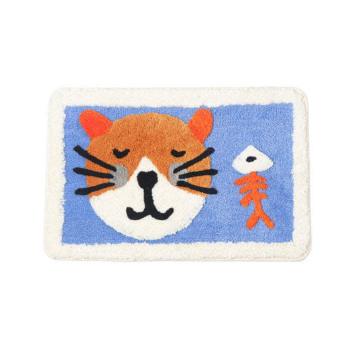 Feblilac Cat and the Fishbone Blue Ground Bath Mat