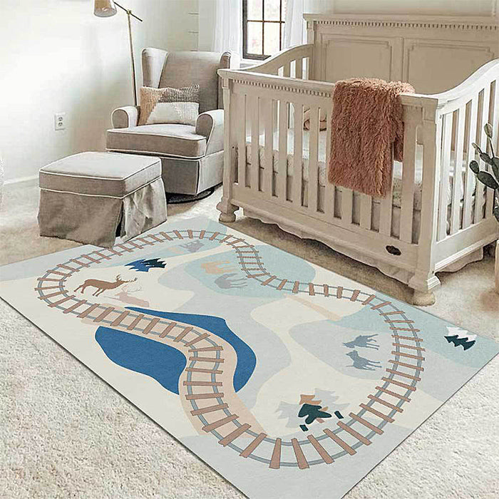 Blue Rail Pattern Rug with Animal Polyester Kids Rug Pet Friendly Washable Non-Slip Area Rug for Bedroom