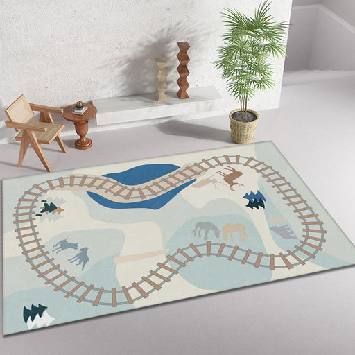 Blue Rail Pattern Rug with Animal Polyester Kids Rug Pet Friendly Washable Non-Slip Area Rug for Bedroom