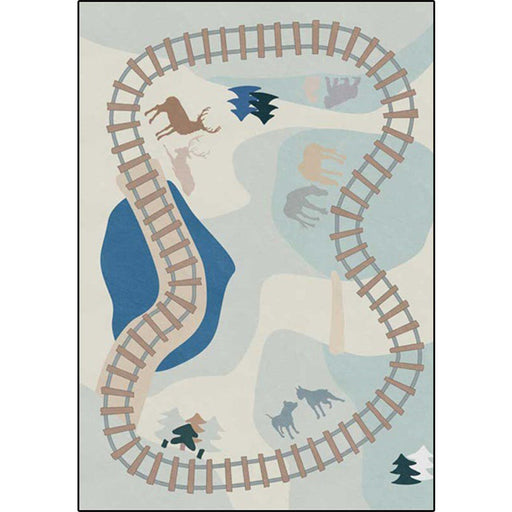 Blue Rail Pattern Rug with Animal Polyester Kids Rug Pet Friendly Washable Non-Slip Area Rug for Bedroom