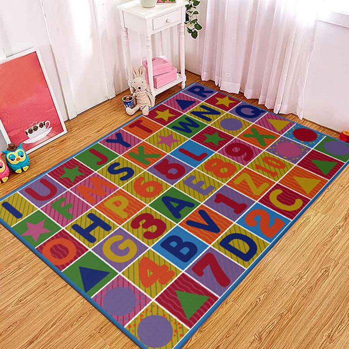 Multicolor Letter Pattern Rug Polyester Kids Rug Pet Friendly Washable Non-Slip Area Rug for Bedroom