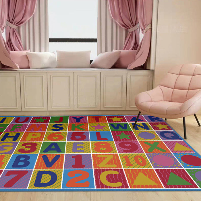 Multicolor Letter Pattern Rug Polyester Kids Rug Pet Friendly Washable Non-Slip Area Rug for Bedroom