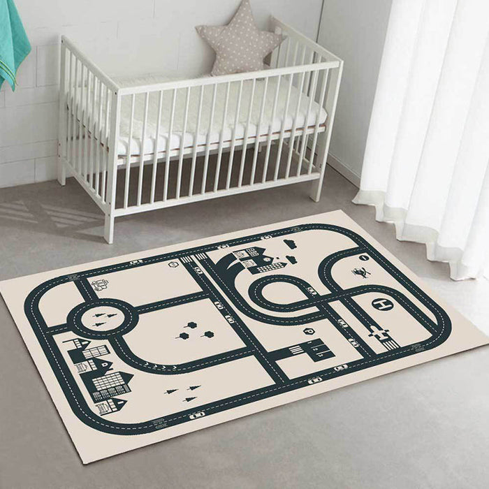 Stylish Road Pattern Rug with Building Beige Kids Rug Polyester Pet Friendly Washable Non-Slip Area Rug for Decoration