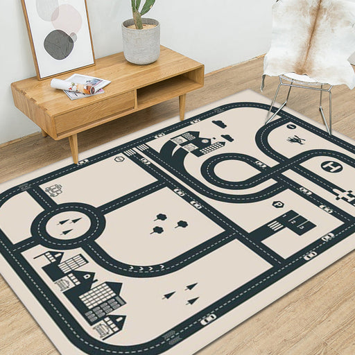 Stylish Road Pattern Rug with Building Beige Kids Rug Polyester Pet Friendly Washable Non-Slip Area Rug for Decoration