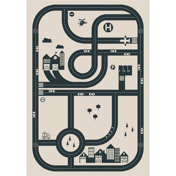 Stylish Road Pattern Rug with Building Beige Kids Rug Polyester Pet Friendly Washable Non-Slip Area Rug for Decoration