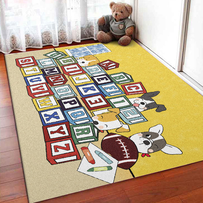 Yellow Letter Pattern Rug with Dog Polyester Kids Rug Pet Friendly Washable Non-Slip Area Rug for Bedroom