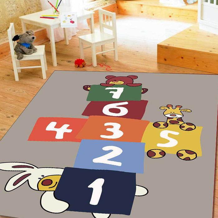 Stylish Animal Pattern Rug with Number Beige and Brown Kids Rug Polyester Pet Friendly Washable Non-Slip Area Rug for Decoration