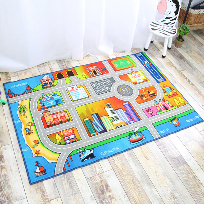 Funky Road Pattern Rug with Building Green and Grey Kids Rug Polyester Pet Friendly Washable Non-Slip Area Rug for Decoration