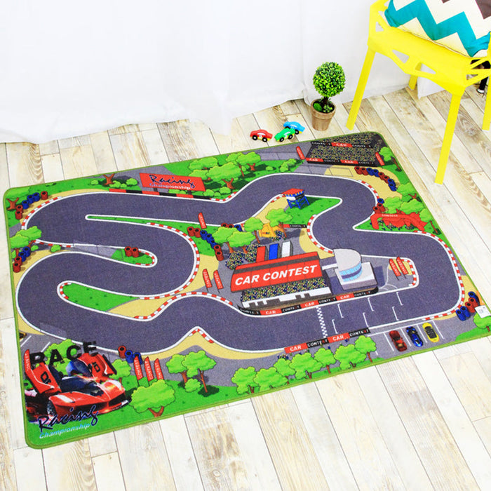 Funky Road Pattern Rug with Building Green and Grey Kids Rug Polyester Pet Friendly Washable Non-Slip Area Rug for Decoration