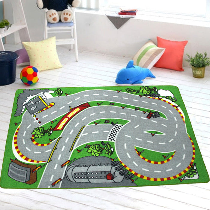 Funky Road Pattern Rug with Building Green and Grey Kids Rug Polyester Pet Friendly Washable Non-Slip Area Rug for Decoration