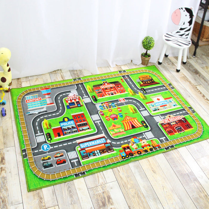 Funky Road Pattern Rug with Building Green and Grey Kids Rug Polyester Pet Friendly Washable Non-Slip Area Rug for Decoration