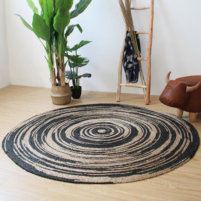 Simple Circle Pattern Rug Brown and Black Rural Rug Jute Pet Friendly Washable Non-Slip Area Rug for Decoration