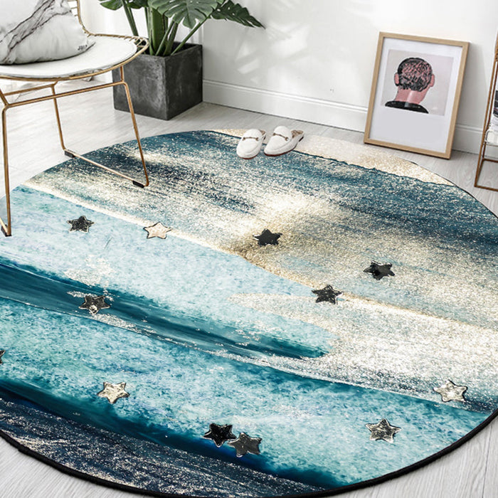 Blue Industrial Rug Polyester Abstract Star Pattern Rug Pet Friendly Washable Non-Slip Area Rug for Bedroom