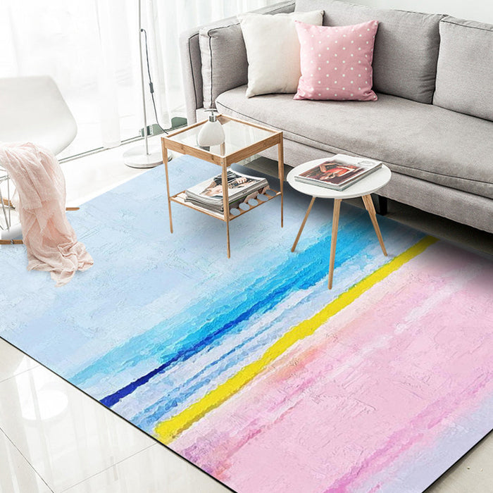 Modernist Parlour Rug Blue and Pink Abstract Rug Polyester Washable Non-Slip Pet Friendly Area Rug