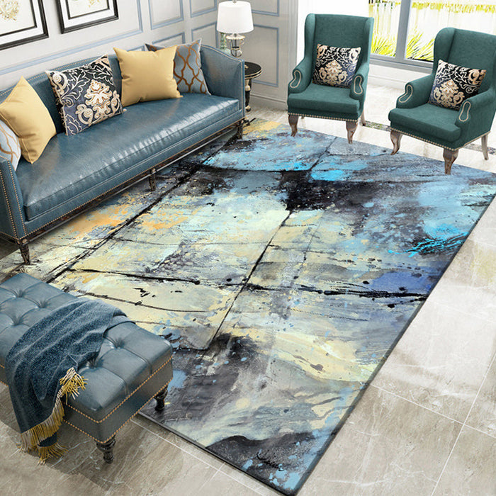 Aesthetic Abstract Watercolor Pattern Rug Blue Simplicity Rug Polyester Washable Non-Slip Pet Friendly Area Rug for Parlour