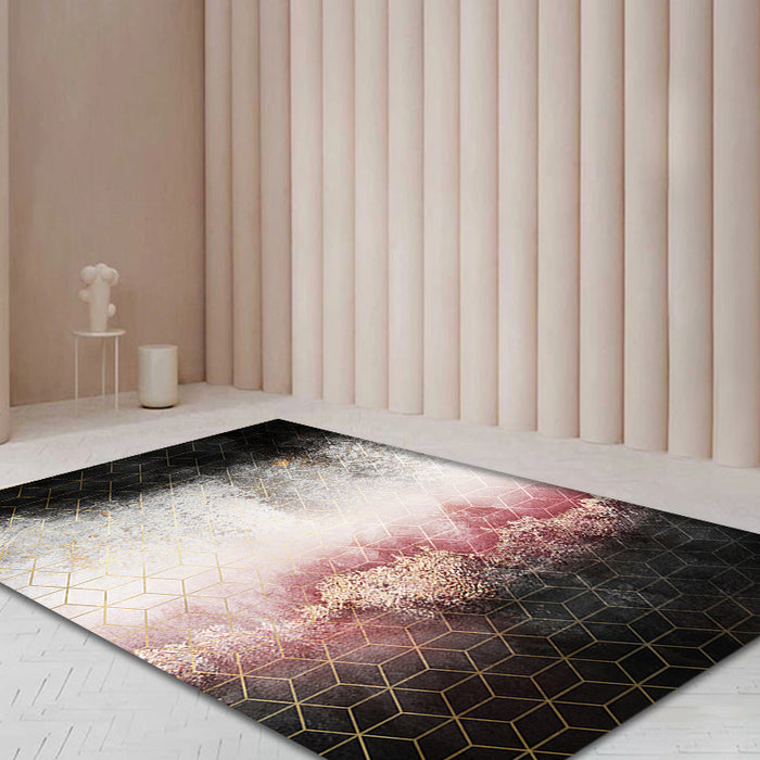 Modern Living Room Rug Black and Pink Abstract Rug Polyester Machine Washable Non-Slip Backing Pet Friendly Area Rug