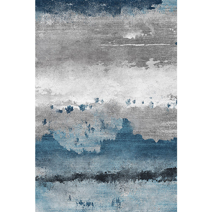 Industrial Style Abstract Rug Blue and Grey Polyester Carpet Non-Slip Backing Area Rug for Sitting Room