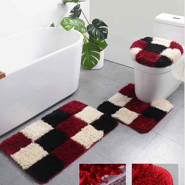 Feblilac Blue/Black/Green/Red/Brown/Purple and White Checkerboard Pattern Ultra Soft Bathroom Rug Set