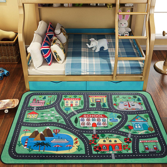 Cartoon Railway Area Rug Multi Color Polypropylene Carpet Pet Friendly Anti-Slip Rug for Kids