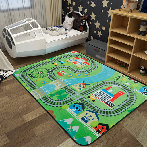 Cartoon Railway Area Rug Multi Color Polypropylene Carpet Pet Friendly Anti-Slip Rug for Kids