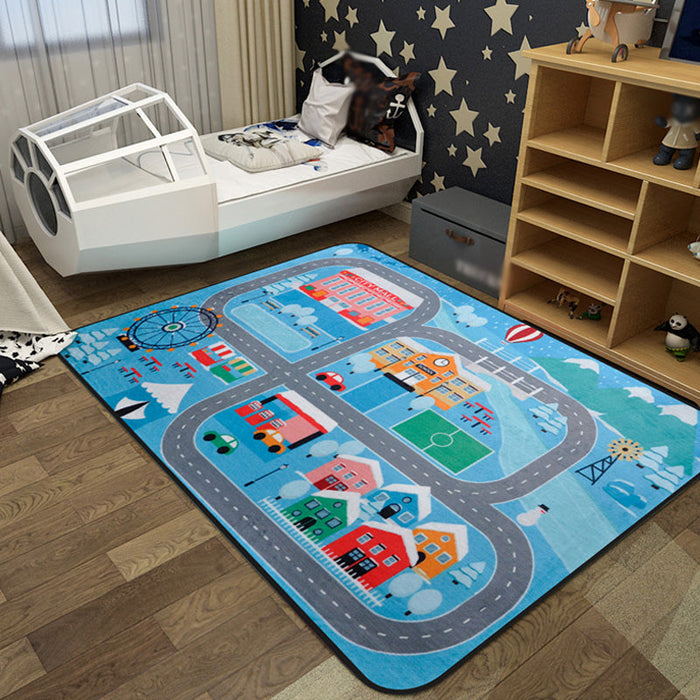 Cartoon Railway Area Rug Multi Color Polypropylene Carpet Pet Friendly Anti-Slip Rug for Kids