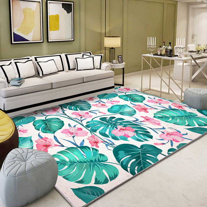 Tropical Leaf Pattern Rug Green Polyester Area Rug Machine Washable Non-Slip Backing Indoor Rug for Sitting Room