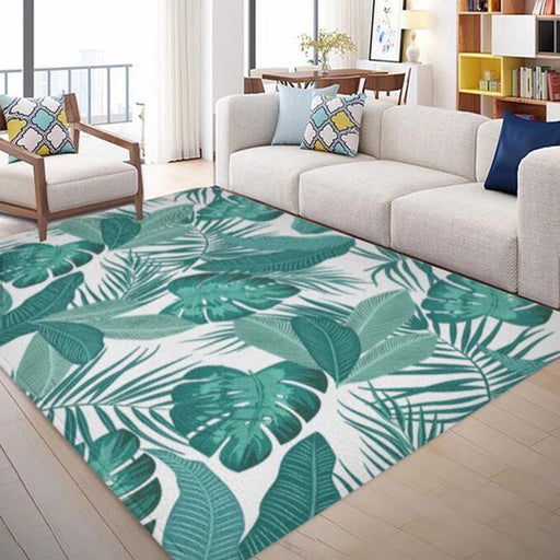 Tropical Leaf Pattern Rug Green Polyester Area Rug Machine Washable Non-Slip Backing Indoor Rug for Sitting Room