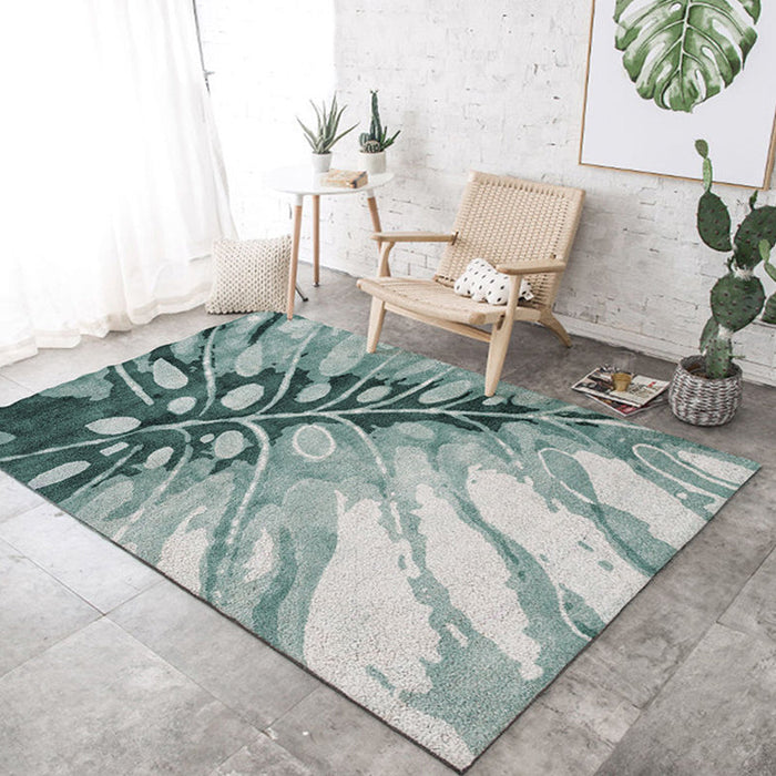 Tropical Leaf Pattern Rug Green Polyester Area Rug Machine Washable Non-Slip Backing Indoor Rug for Sitting Room