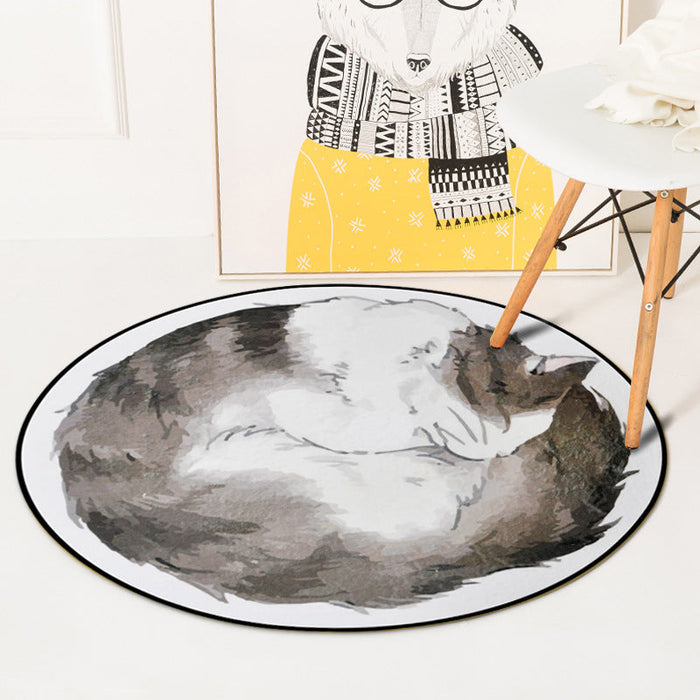 Kids Child's Room Rug in Yellow and Grey Animal Sleeping Cat Print Rug Polyester Non-Slip Area Rug