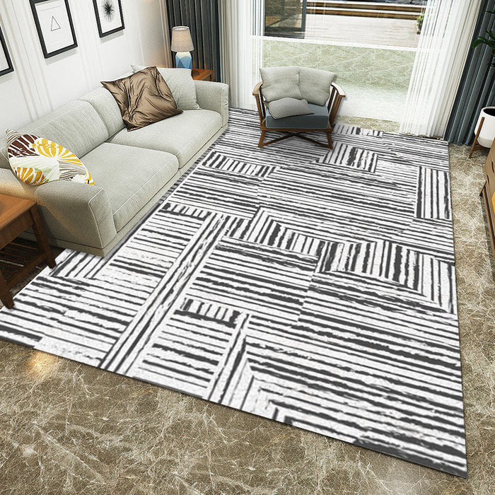 White Living Room Rug Novelty Stripe Geometric Pattern Area Rug Polyester Washable Carpet