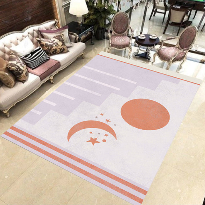 Modern Novelty Rug in Orange and Ivory Moon Sun Stripe Print Area Rug Polyester Washable Carpet for Bedroom