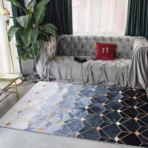 Blue Bedroom Rug Modern Geometric Hexagon Pattern Area Rug Polyester Machine Washable Carpet