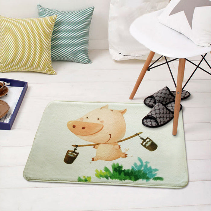 Green and White Nursery Rug Kids Animal Hedgehog Pig Fox Pattern Area Rug Polyester Non-Slip Backing Carpet