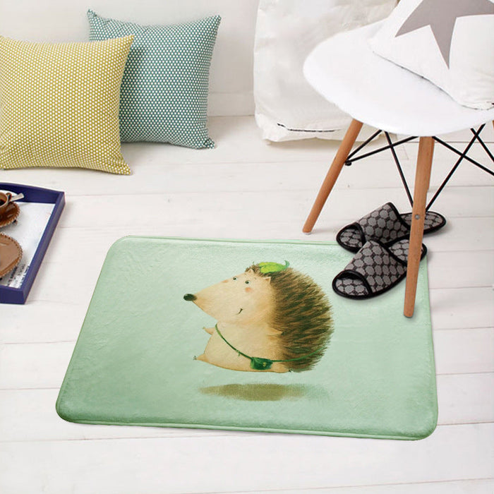 Green and White Nursery Rug Kids Animal Hedgehog Pig Fox Pattern Area Rug Polyester Non-Slip Backing Carpet