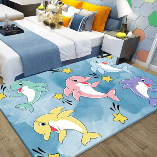 Multicolor Dolphin Pattern Rug with Star Polyester Kids Rug Washable Anti-Slip Pet Friendly Area Rug for Bedroom