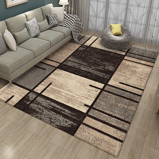 Brown Bedroom Rug Novelty Geometry Rectangle Plaid Stripe Print Rug Polyester Washable Area Rug