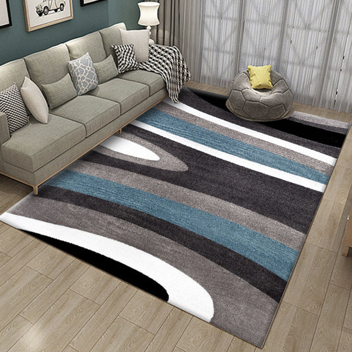 Novelty Stripe Curve Pattern Rug in Black and Grey Polyester Carpet Washable Area Rug for Living Room