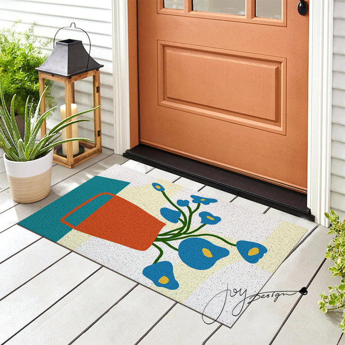 Feblilac Orange Vase and Blue Flowers PVC Coil Door Mat