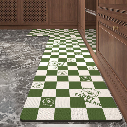 Feblilac Green White Checkerboard and Bear PVC Leather Kitchen Mat