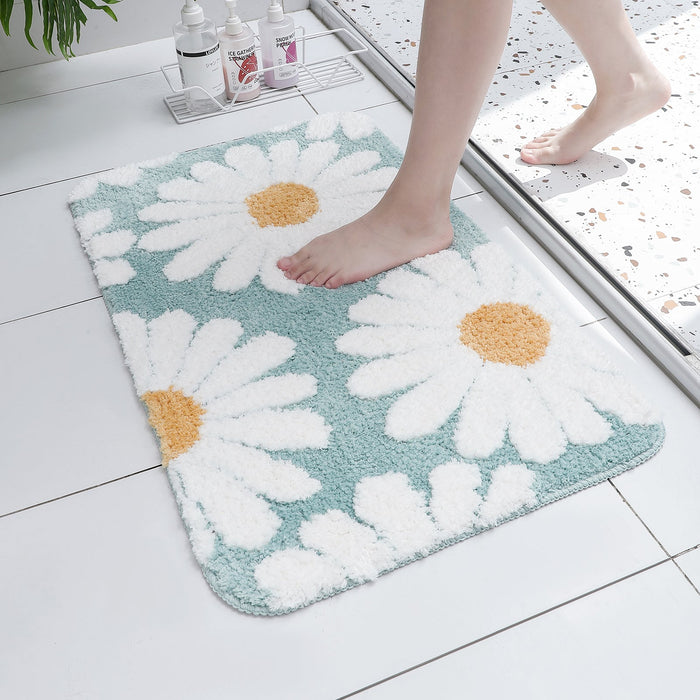 Feblilac Cute White Blue Daisy Flower Bath Mat, Multiple Colors Available